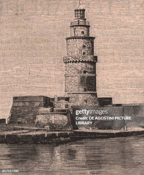 The Lanterna, the old lighthouse of Civitavecchia, Lazio, Italy, woodcut from Le cento citta d'Italia , illustrated monthly supplement of Il Secolo,...