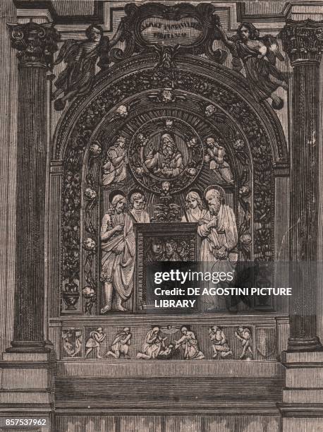 Altar of the church of Santa Maria delle Grazie, by Luca della Robbia, Montepulciano, Tuscany, Italy, woodcut from Le cento citta d'Italia ,...