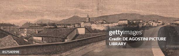 Panoramic view of Busca, Piedmont, Italy, woodcut from Le cento citta d'Italia , illustrated monthly supplement of Il Secolo, Milan, 1888.