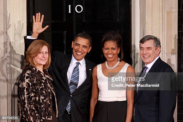 Sarah Brown wife of Gordon Brown, President Barack Obama, his wife Michelle Obama and British Prime Minister Gordon Brown arrive at Downing Street...