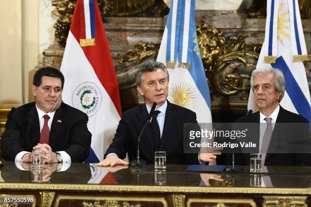 Horacio Cartes president of Paraguay, Mauricio Macri president of Argentina and Tabaré Vazquez president of Uruguay during a press conference at Casa...