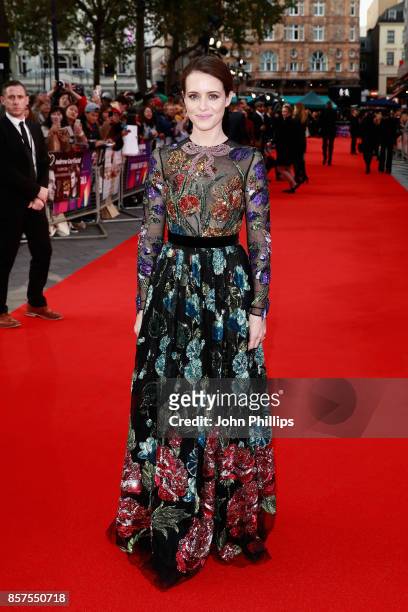Actress Claire Foy attends the European Premiere of "Breathe" on the opening night gala of the 61st BFI London Film Festival on October 4, 2017 in...