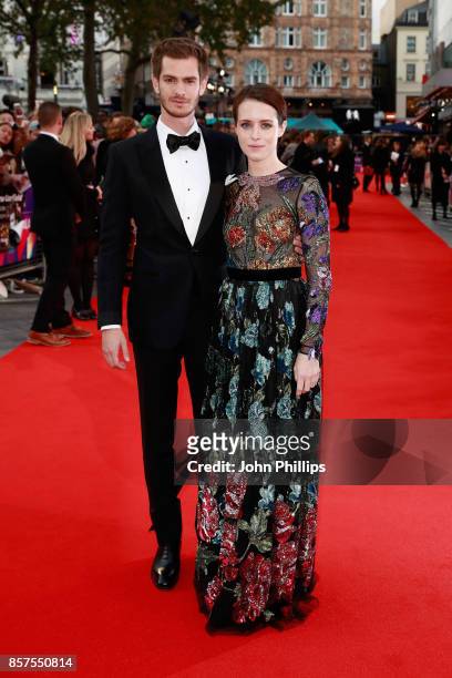 Actors Andrew Garfield and Claire Foy attend the European Premiere of "Breathe" on the opening night gala of the 61st BFI London Film Festival on...