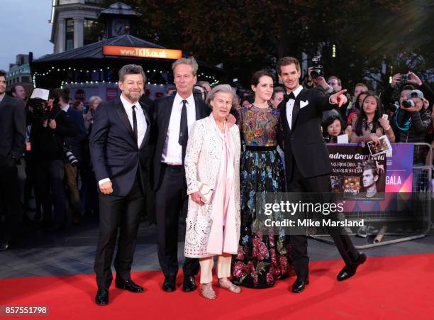 Andy Serikis, Andrew Garfield and Claire Foy attend the European Premiere of "Breathe" on the opening night gala of the 61st BFI London Film Festival...