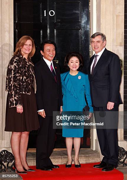 Sarah Brown wife of Gordon Brown, Japan Prime Minister Taro Aso, his wife Chikako Aso and British Prime Minister Gordon Brown arrive at Downing...