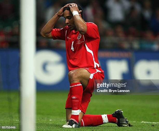 Ashley Williams of Wales looks disappointed after scoring an own goal during the FIFA 2010 World Cup Qualifier match between Wales and Germany at the...