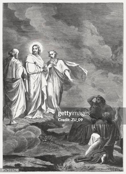 illustrazioni stock, clip art, cartoni animati e icone di tendenza di trasfigurazione di gesù (marco 9, 2-8), incisione su legno, pubblicata nel 1886 - transfiguration of jesus