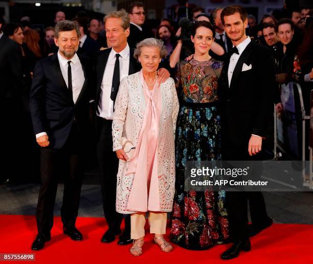 English director Andy Serkis , English producer Jonathan Cavendish , his mother Diana Blacker , English actress Claire Foy and Actor Andrew Garfield...