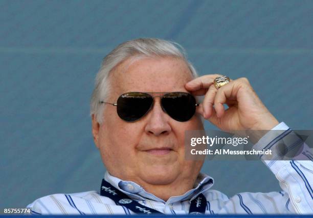 Owner George Steinbrenner of the New York Yankees watches play against the Philadelphia Phillies at George Steinbrenner Field April 1, 2009 in Tampa,...