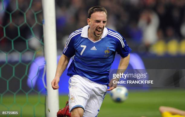 France's midfielder Franck Ribery celebrates after scoring a goal during the World Cup 2010 qualifying football match France vs Lithuania on April 1,...