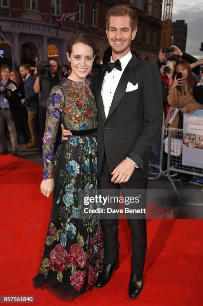 Claire Foy and Andrew Garfield attend the European Premiere of "Breathe" during the opening night gala of the 61st BFI London Film Festival at Odeon...