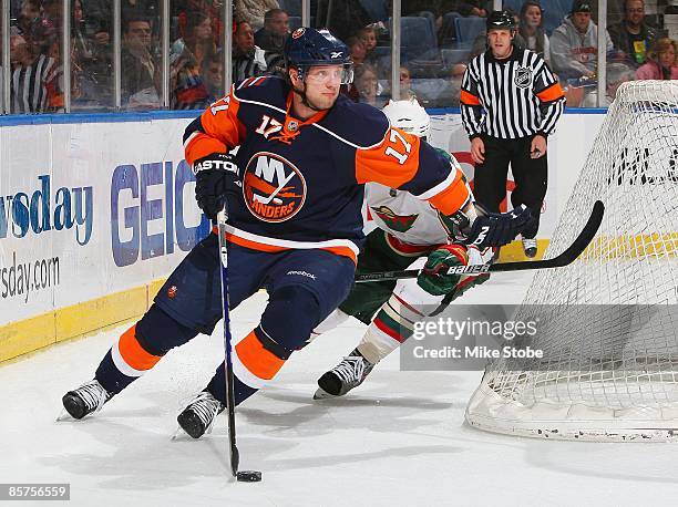 Thomas Pock of the New York Islanders skates against the Minnesota Wild on March 25, 2009 at Nassau Coliseum in Uniondale, New York. Wild defeat the...