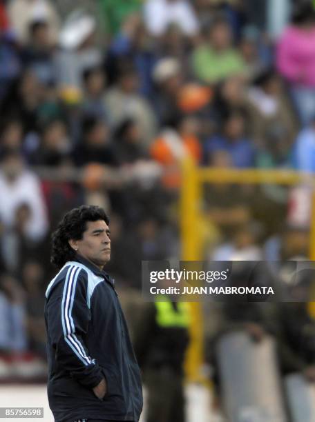 Argentina's coach Diego Maradona gestures during the FIFA World Cup South Africa-2010 qualifier football match against Bolivia at Hernando Siles...