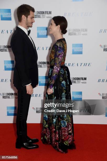 Andrew Garfield and Claire Foy attend the European Premiere of "Breathe" on the opening night gala of the 61st BFI London Film Festival on October 4,...