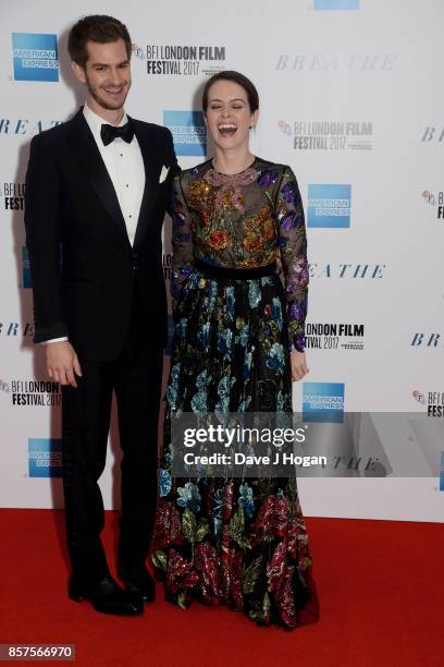 Andrew Garfield and Claire Foy attend the European Premiere of "Breathe" on the opening night gala of the 61st BFI London Film Festival on October 4,...