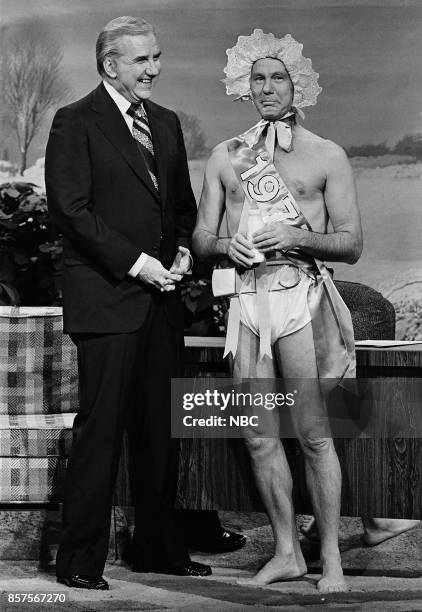 Pictured: Announcer Ed McMahon during a segment with host Johnny Carson on December 30, 1976 --