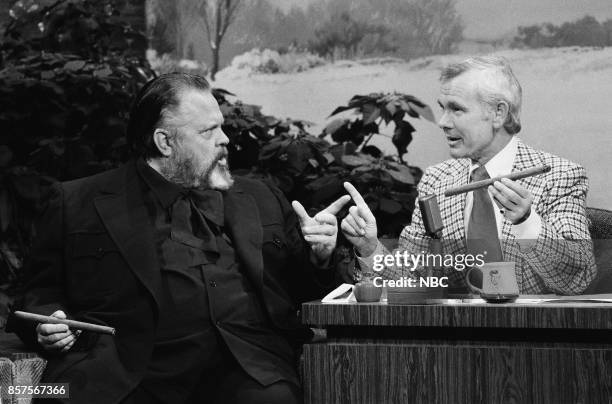 Pictured: Actor Orson Welles during an interview with host Johnny Carson on December 30, 1976 --