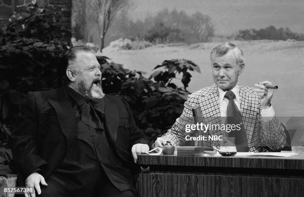 Pictured: Actor Orson Welles during an interview with host Johnny Carson on December 30, 1976 --