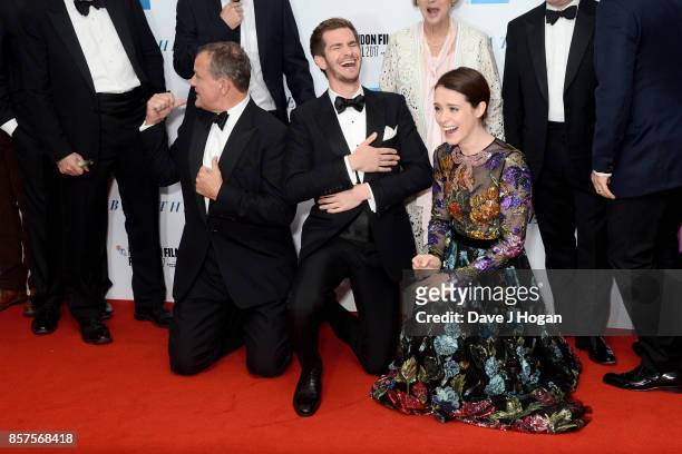Hugh Bonneville, Andrew Garfield and Claire Foy attend the European Premiere of "Breathe" on the opening night gala of the 61st BFI London Film...