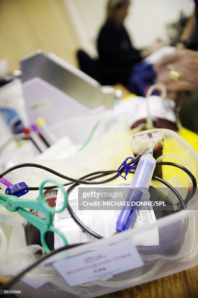 Bag of donated blood awaiting processing