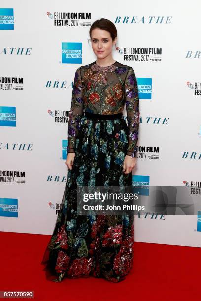 Actress Claire Foy attends the European Premiere of "Breathe" on the opening night gala of the 61st BFI London Film Festival on October 4, 2017 in...