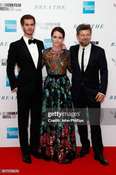 Actors Andrew Garfield, Claire Foy and director Andy Serkis attend the European Premiere of "Breathe" on the opening night gala of the 61st BFI...
