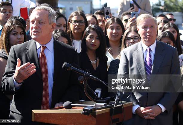 Sen. Dick Durbin and Sen. Lindsey Graham participate in a news conference with more than 100 recipients of the Deferred Action for Childhood Arrival...