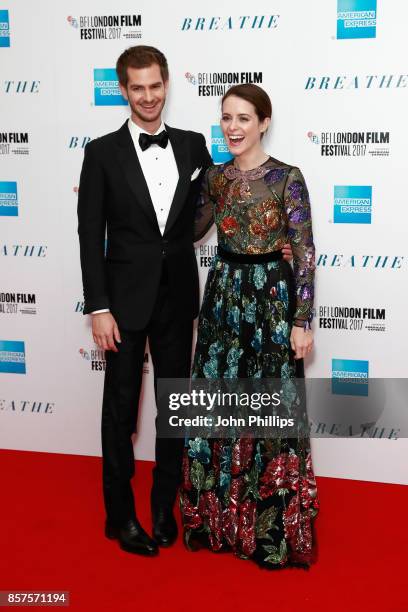 Actors Andrew Garfield and Claire Foy attend the European Premiere of "Breathe" on the opening night gala of the 61st BFI London Film Festival on...