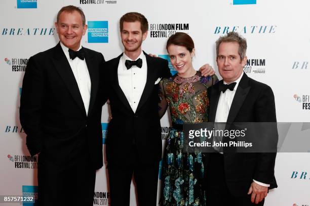 Actors Hugh Bonneville, Andrew Garfield, Claire Foy and director Tom Hollander attend the European Premiere of "Breathe" on the opening night gala of...