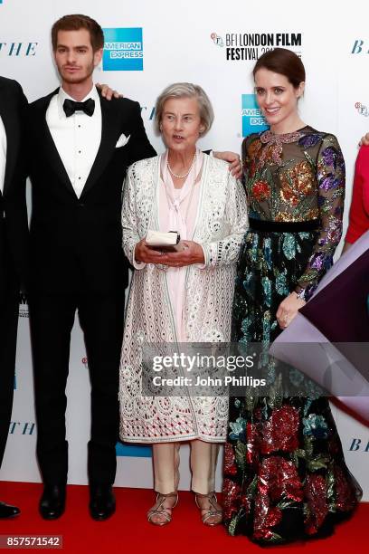 Actor Andrew Garfield, Diana Cavendish and actress Claire Foy attend the European Premiere of "Breathe" on the opening night gala of the 61st BFI...