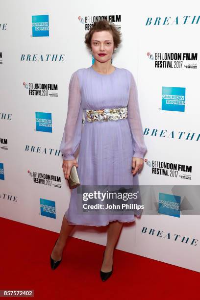 Camilla Rutherford attends the European Premiere of "Breathe" on the opening night gala of the 61st BFI London Film Festival on October 4, 2017 in...