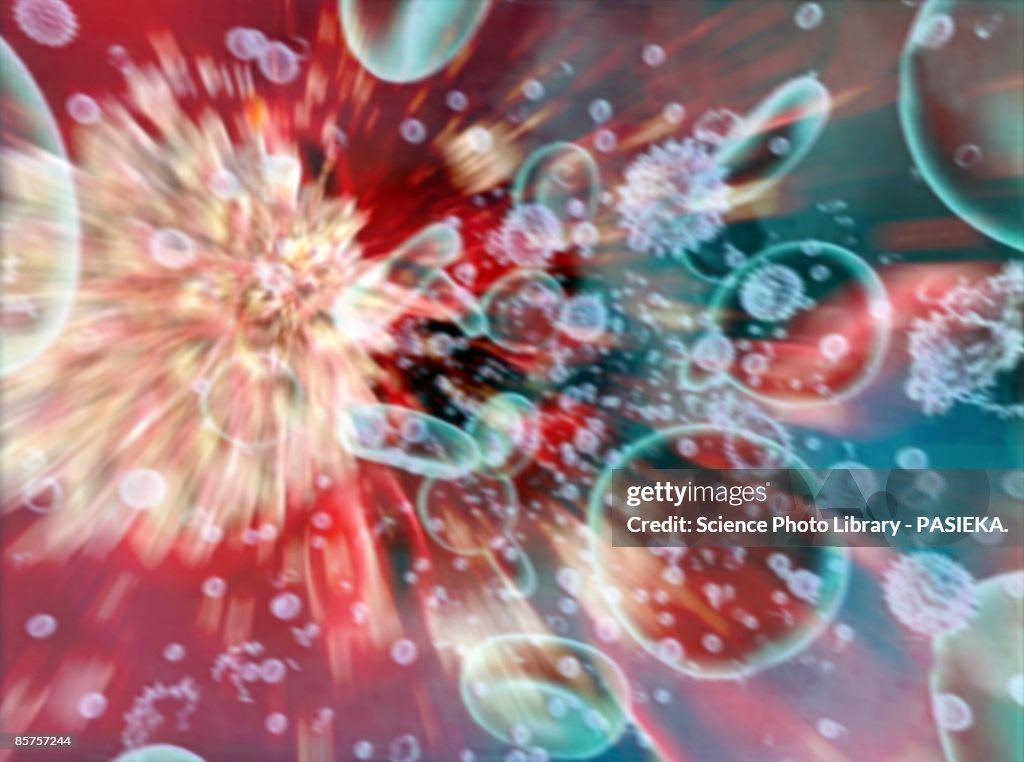 Influenza (flu) virus(yellow, left) in bloodstream, computer artwork