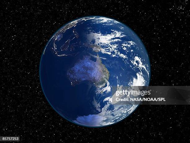 australia, day and night, satellite image of the earth - globe australia stock-fotos und bilder