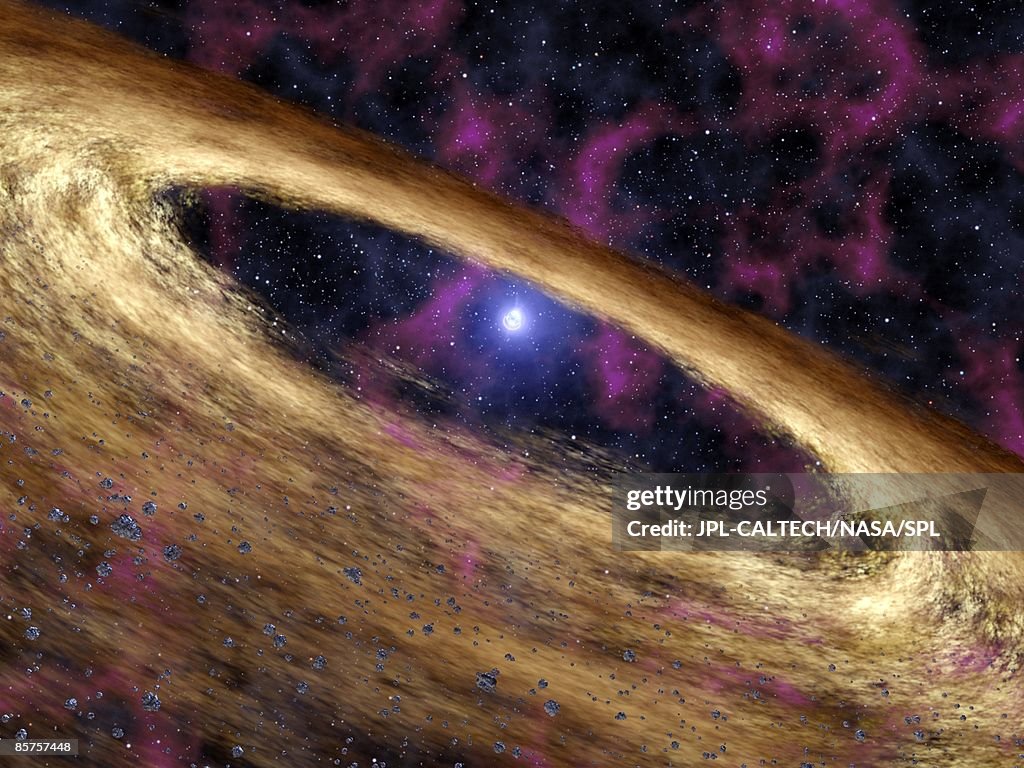 Rocky debris (brown) surrounding pulsar (centre)