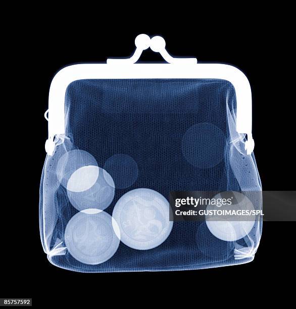 x-ray of purse containing coins - blue purse fotografías e imágenes de stock