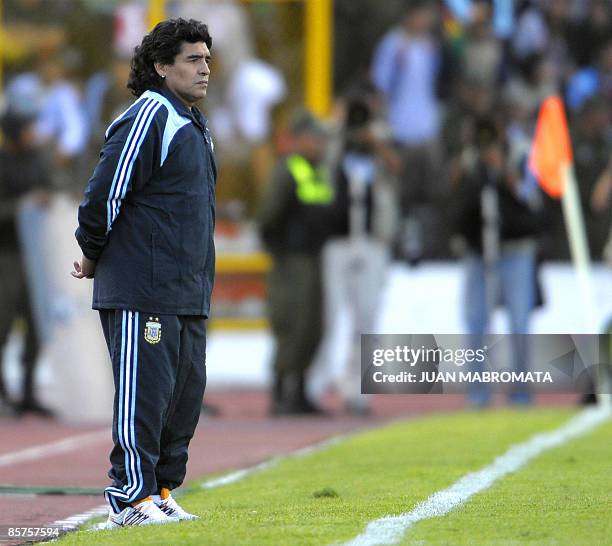 Argentina's coach Diego Maradona observes the FIFA World Cup South Africa-2010 qualifier football match against Bolivia at Hernando Siles stadium in...