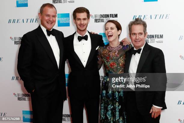 Actors Hugh Bonneville, Andrew Garfield, Claire Foy and Tom Hollander attend the European Premiere of "Breathe" on the opening night gala of the 61st...