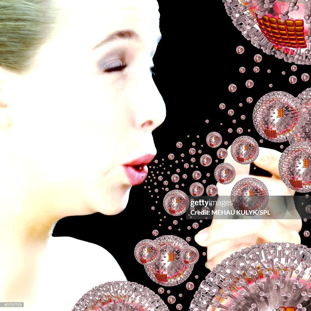 Woman releasing influenza virus particles from mouth while sneezing