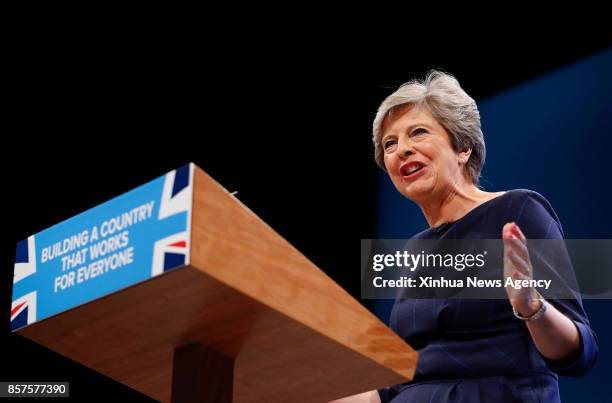 Oct. 4, 2017 -- Britain's Prime Minister Theresa May delivers her keynote speech on the last day of the Conservative Party Annual Conference in...