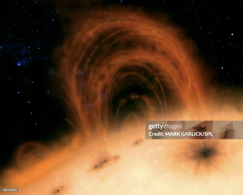 Artwork of solar prominence extending as huge loop from Sun