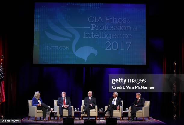 Former Directors of the Central Intelligence Agency participate in a discussion at a conference on "The Ethos and the Profession of Intelligence" at...