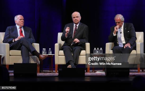 Former Directors of the Central Intelligence Agency participate in a discussion at a conference on "The Ethos and the Profession of Intelligence" at...