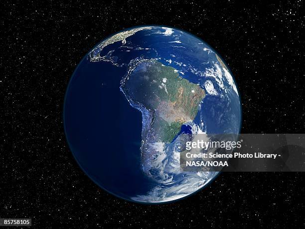 south america, day and night, satellite image of the earth - south america stock pictures, royalty-free photos & images