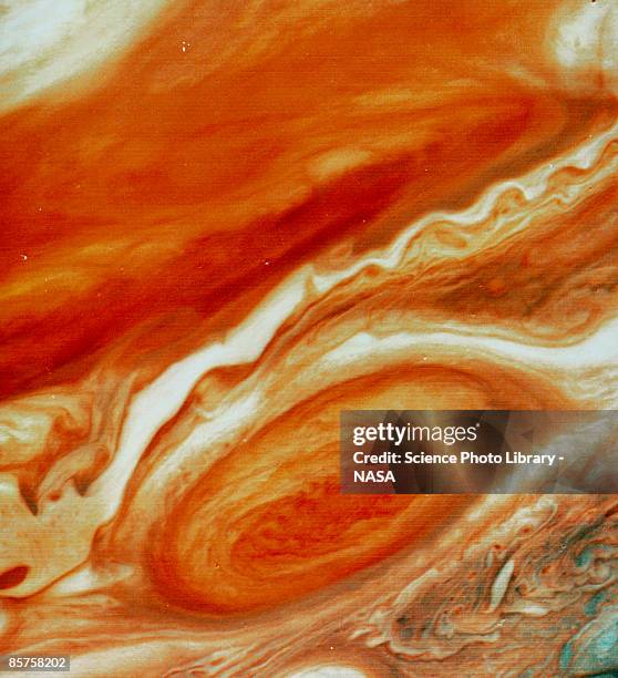 voyager 2 image of great red spot and south equatorial belt - jupiter planet stock pictures, royalty-free photos & images