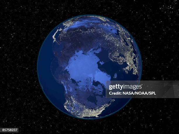 north pole at night, satellite image of the earth at night - north pole stock pictures, royalty-free photos & images