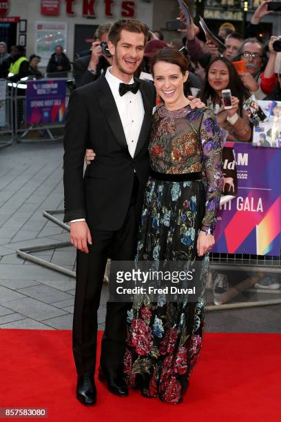 Andrew Garfield and Claire Foy attend the "Breathe" Opening Night Gala and European Premiere during the 61st BFI London Film Festival at Odeon...