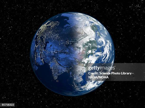 asia , day and night, satellite image of the earth - satellite image stockfoto's en -beelden