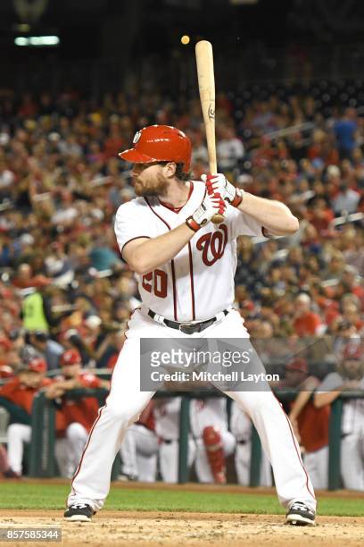 Daniel Murphy of the Washington Nationals prepares for a pitch during a baseball game against the Washington Nationals at Nationals Park on September...