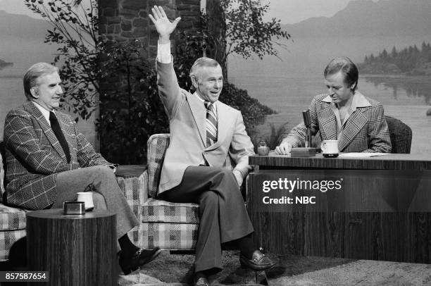 Pictured: Announcer Ed McMahon, host Johnny Carson and John Bryner on January 5, 1977 --