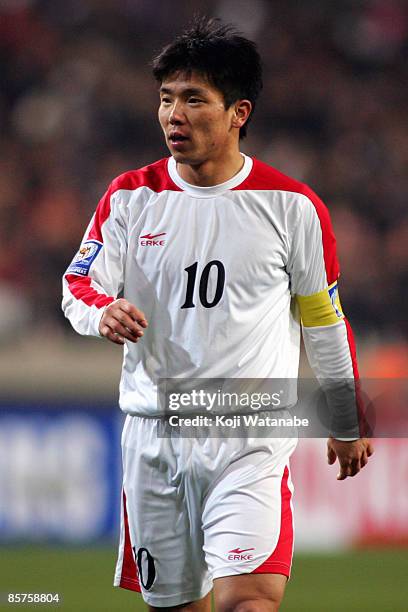 Hong Yong-Jo of North Korea looks on during the 2010 FIFA World Cup Asian qualifier match between South Korea and North Korea at Seoul World Cup...